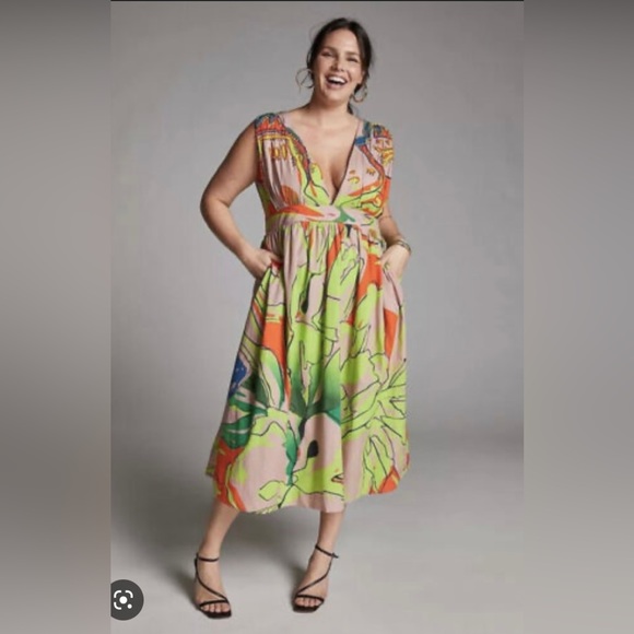 NWT ANTHROPOLOGIE Green Roopa Pemmaraju Nerida Sequins Beads V-Neck Midi Dress - Picture 2 of 2